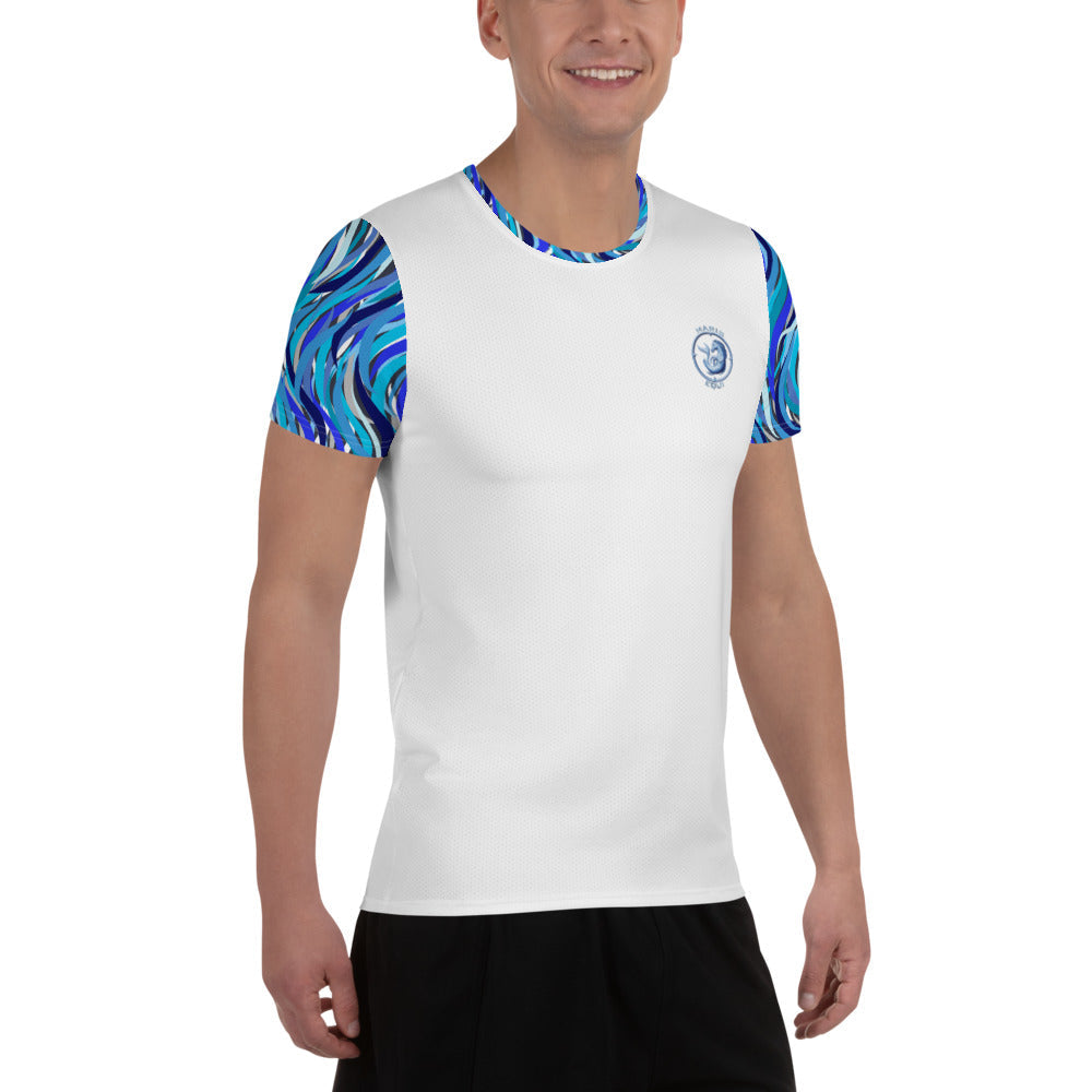 Men's sport shirt by Maris Equi featuring a white body and colorful abstract patterned sleeves made from breathable material.
