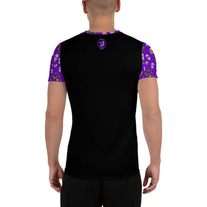Men's sport shirt by Maris Equi featuring a black body and colorful Day of the Dead skull pattern on sleeves.