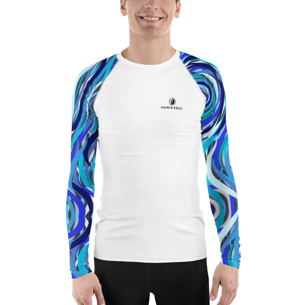 Men's long-sleeve rash guard in white with blue abstract swirl pattern sleeves made by Maris Equi.