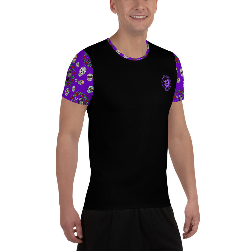 Men's short-sleeve sport shirt by Maris Equi featuring a black body and vibrant purple skull-patterned sleeves.