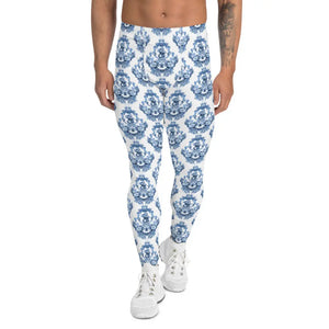 Men's blue and white baroque patterned leggings by Maris Equi featuring a fitted design and soft material worn by a model.