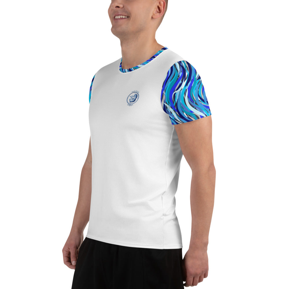 Men's sport shirt by Maris Equi featuring a white body and colorful wave-patterned sleeves made from breathable material.