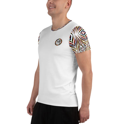 Men's sport shirt by Maris Equi in white with colorful zebra print sleeves and a logo on the chest featuring a breathable fabric.