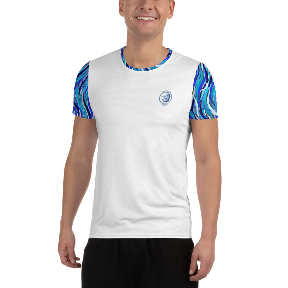 Men's sport shirt by Maris Equi featuring a white body and blue patterned short sleeves made from breathable material.