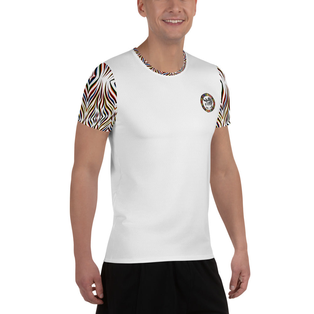 Men's short-sleeve sport shirt in white with colorful zebra print sleeves made by Maris Equi featuring a round neckline.