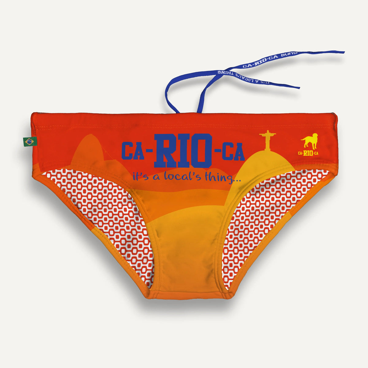Orange swim briefs with a graphic design featuring Rio landmarks by CA-RIO-CA Sunga Co with a blue drawstring and patterned sides