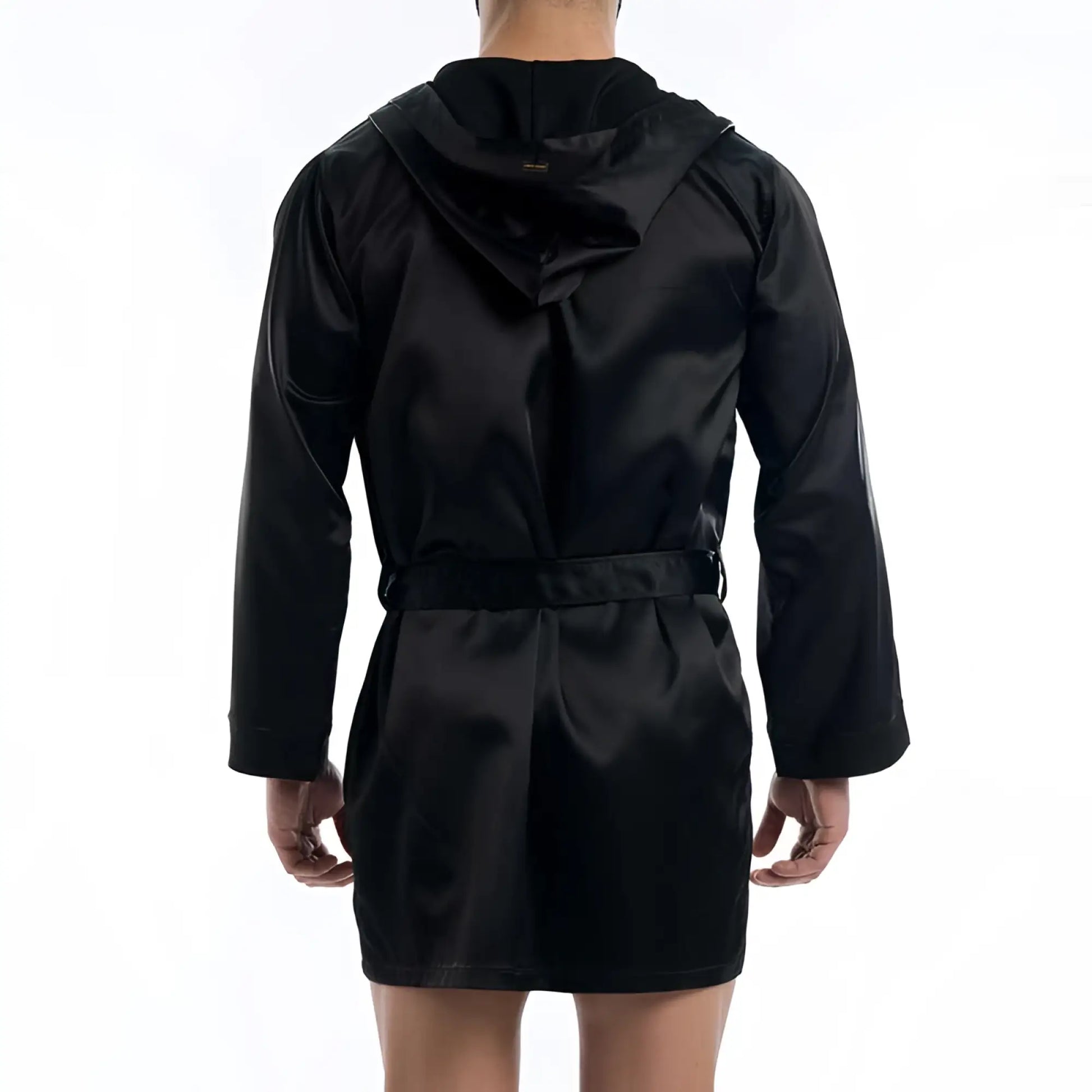 Black satin short robe with hood and belt by modus vivendi ideal for loungewear size l shown from the back