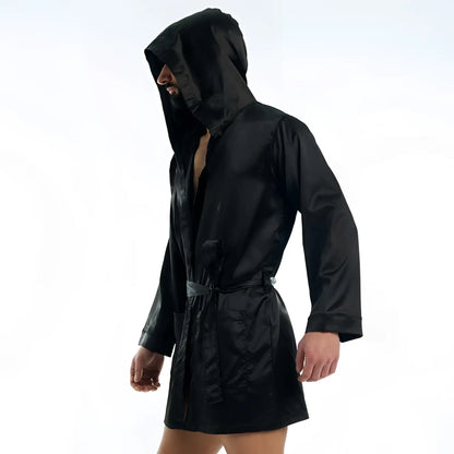 Black satin robe with hood and drawstring belt by modus vivendi in size l for comfortable loungewear
