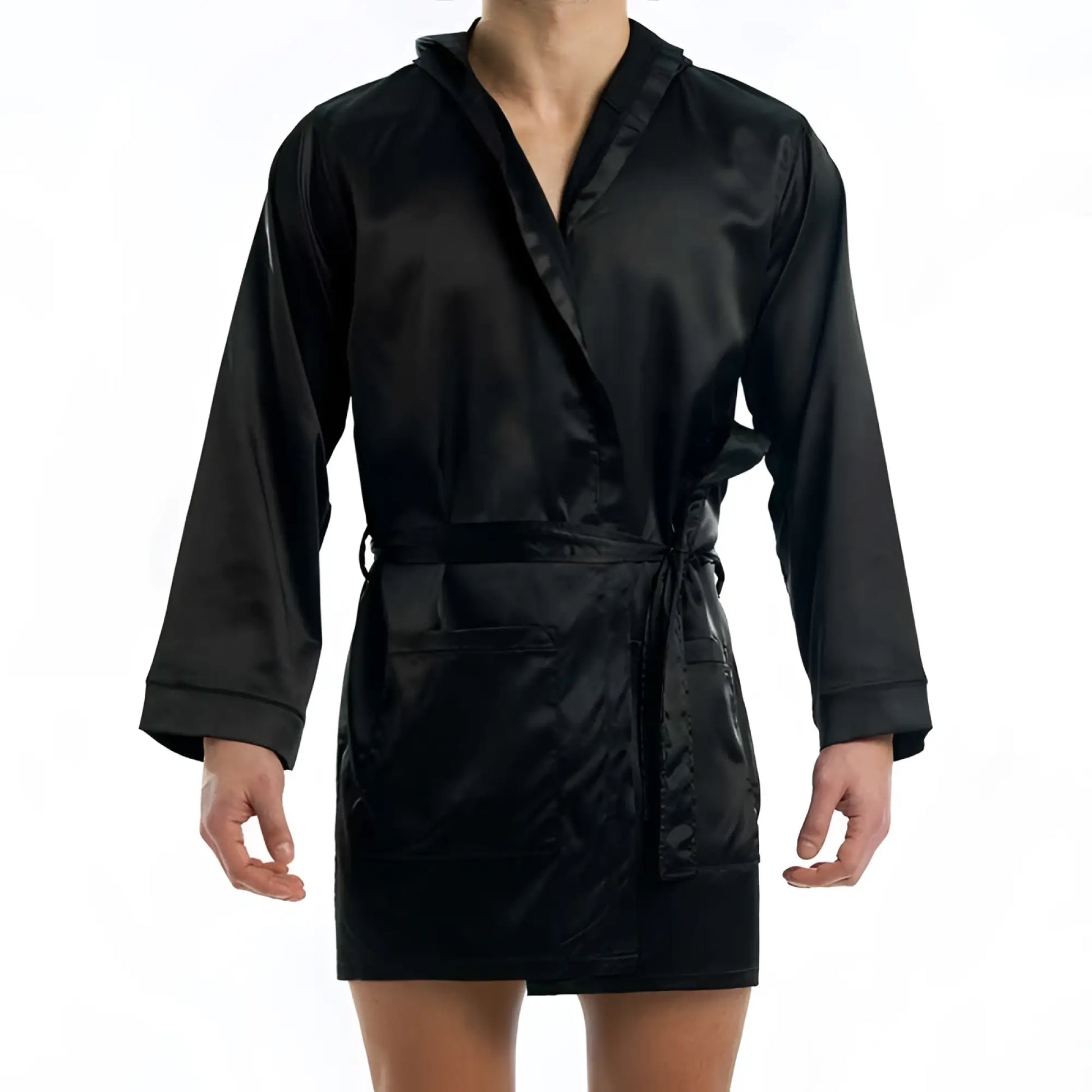 Black satin short robe with hood long sleeves and tie belt by modus vivendi loungewear size l