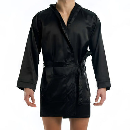 Black satin short robe with hood long sleeves and tie belt by modus vivendi loungewear size l