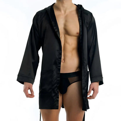 Black satin Modus Vivendi short robe loungewear with hood and front pockets size L