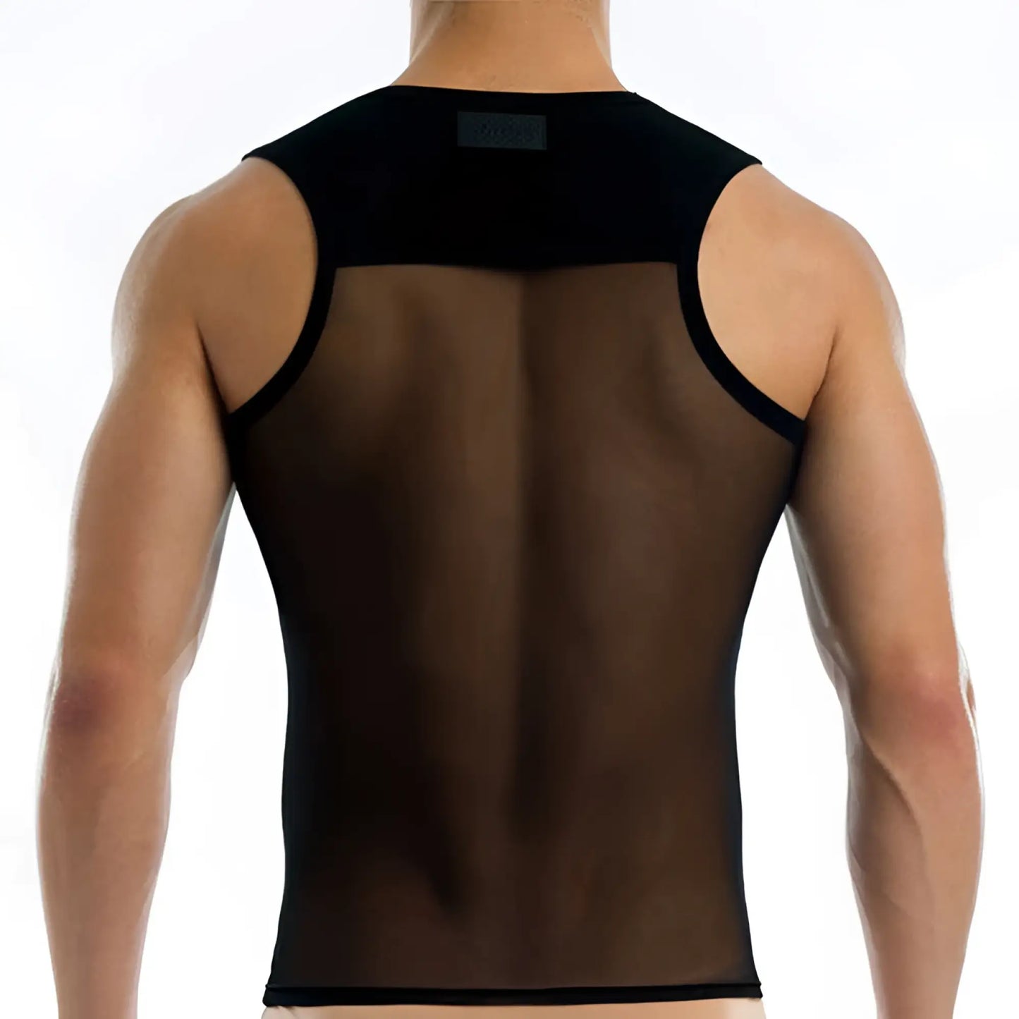 Black sheer mesh tank top with black trim and brand label at neckline transparent design xl size by Modus Vivendi