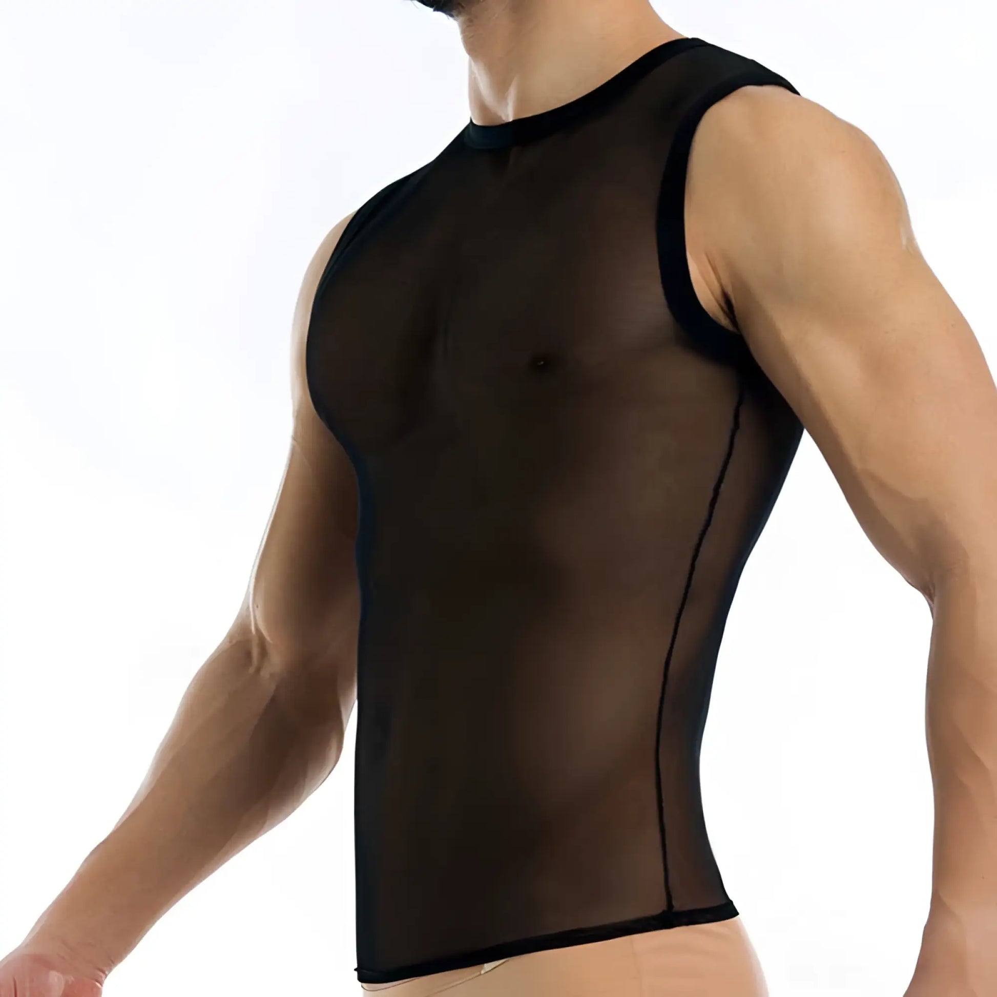 Modus Vivendi transparent black sheer mesh tank top with black trim size XL front view