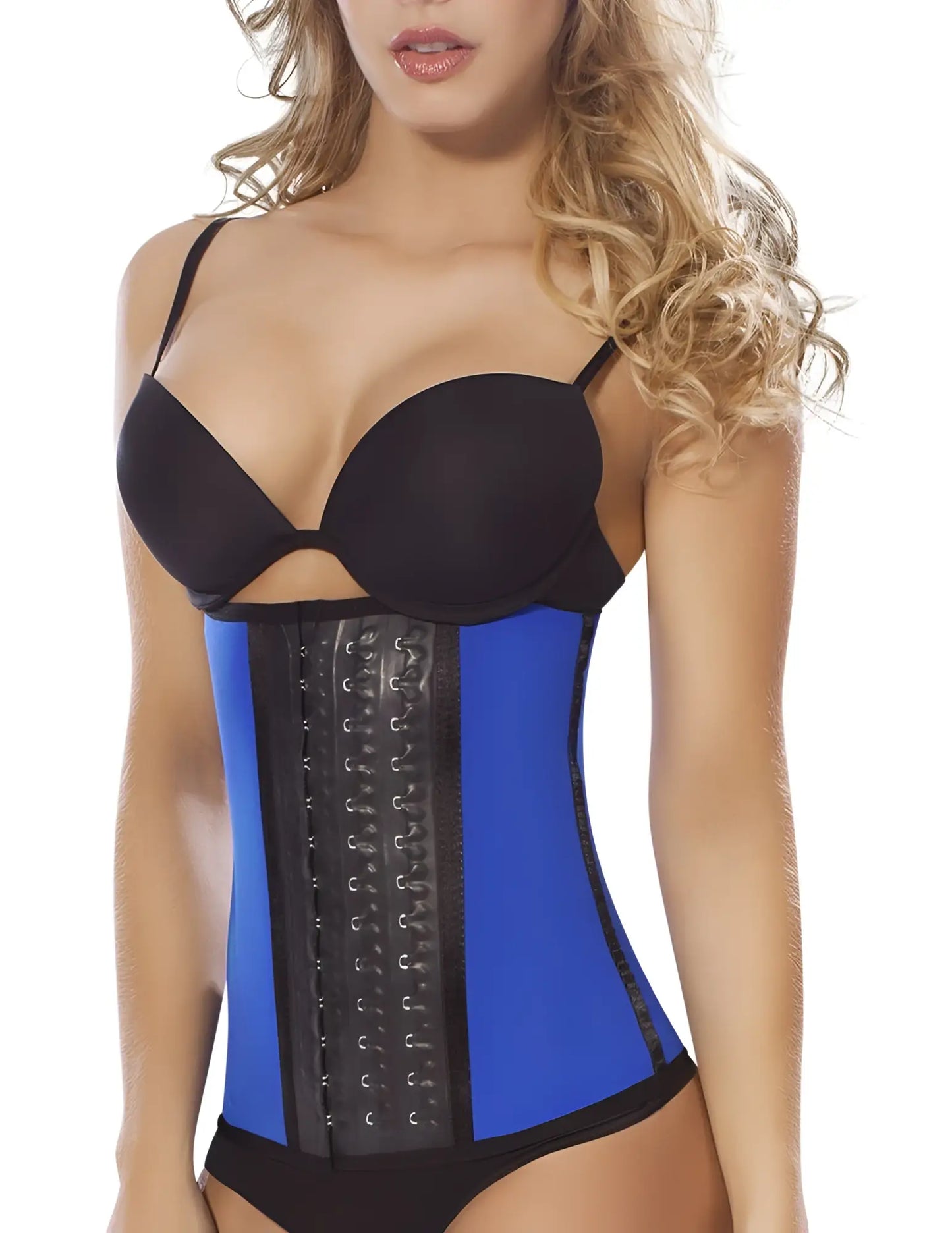 Blue and black workout waist cincher with adjustable central lacing paneled corset Moldeate 8031