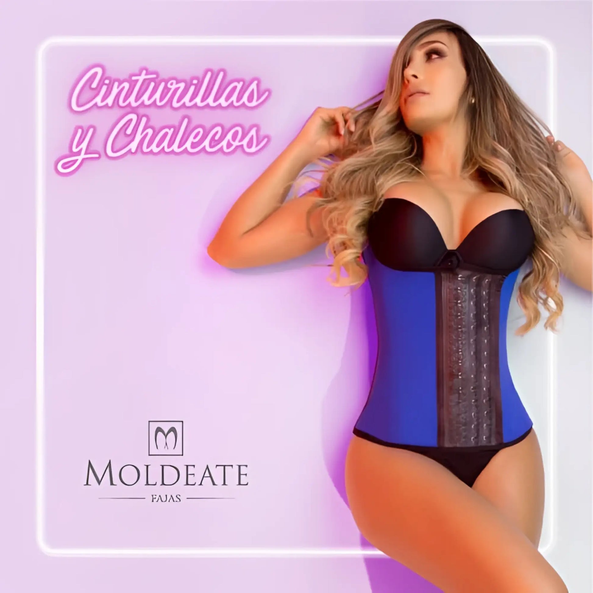 Blue and black moldeate 8031 workout waist cincher with structured laced front design for shaping and support