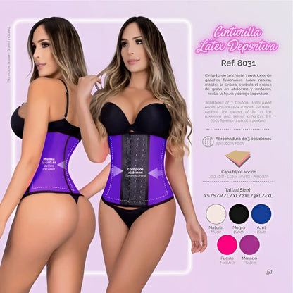 Moldeate 8031 workout waist cincher in blue latex with black adjustable straps and three fusion hook panel