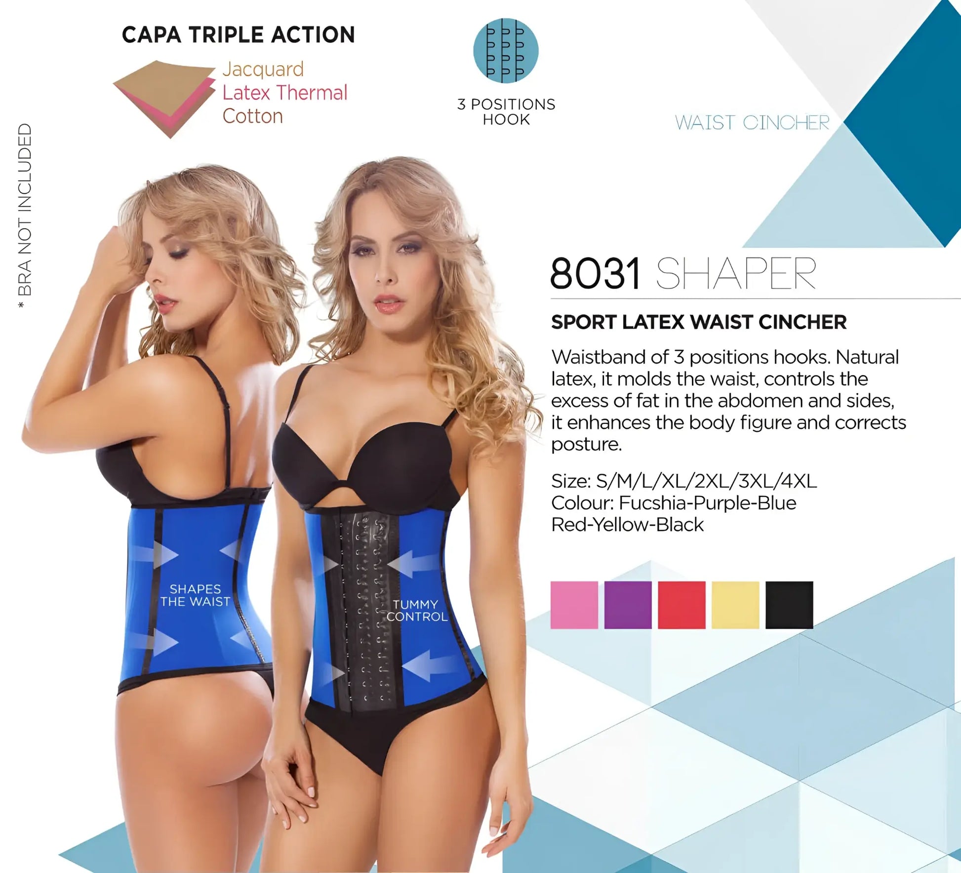 Blue sport latex waist cincher moldeate 8031 with black central panel and adjustable hooks for workouts