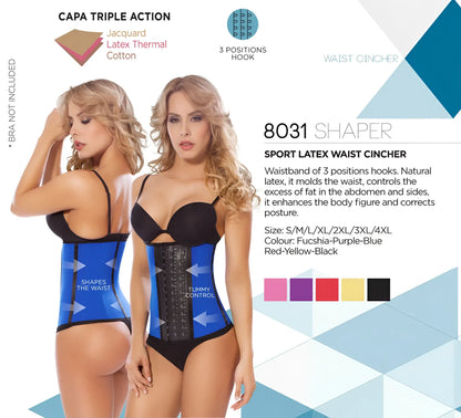 Blue sport latex waist cincher moldeate 8031 with black central panel and adjustable hooks for workouts