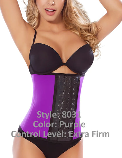 Purple and black extra firm workout waist cincher moldeate 8031 with adjustable central hook and eye panel