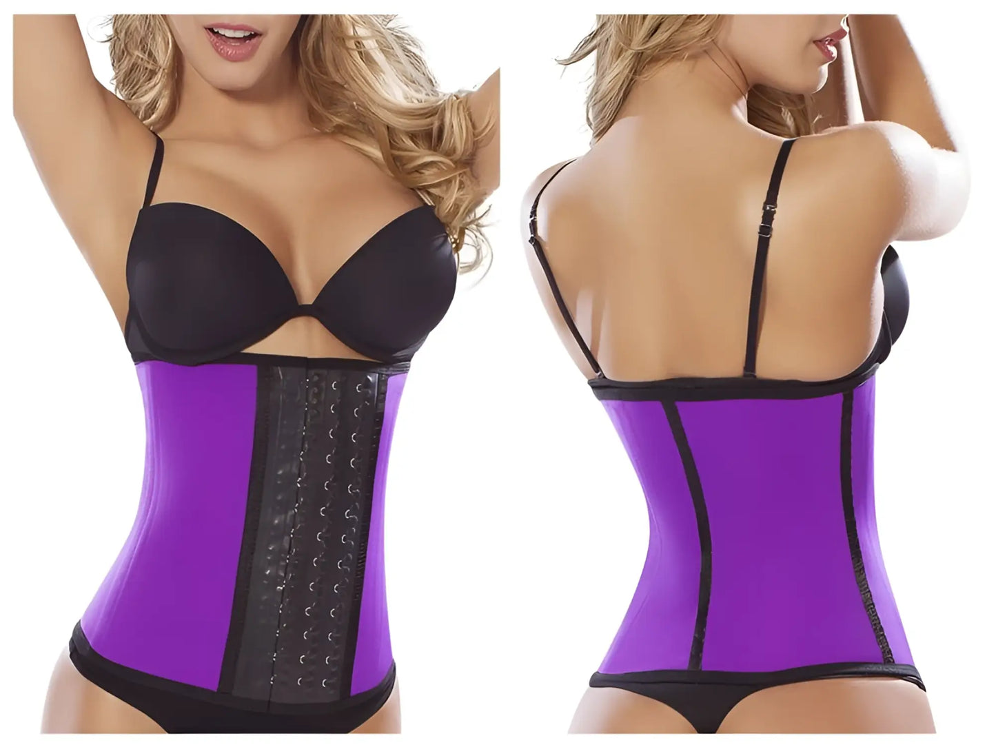 Purple and black moldeate 8031 workout waist cincher with adjustable metal clasps for waist shaping and support