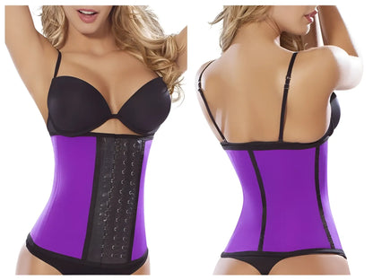 Purple and black moldeate 8031 workout waist cincher with adjustable metal clasps for waist shaping and support