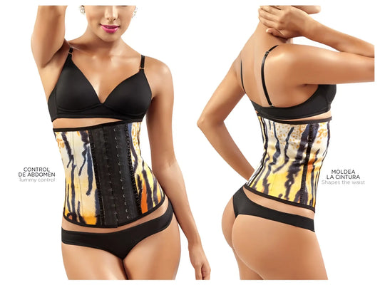 Moldeate 8032 yellow tiger-striped workout waist cincher with black adjustable straps and central lacing system