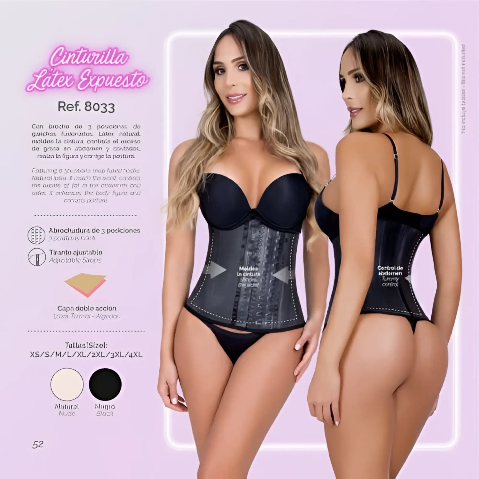 Black latex Moldeate 8033 workout waist cincher corset with adjustable straps and three-position boning for shaping