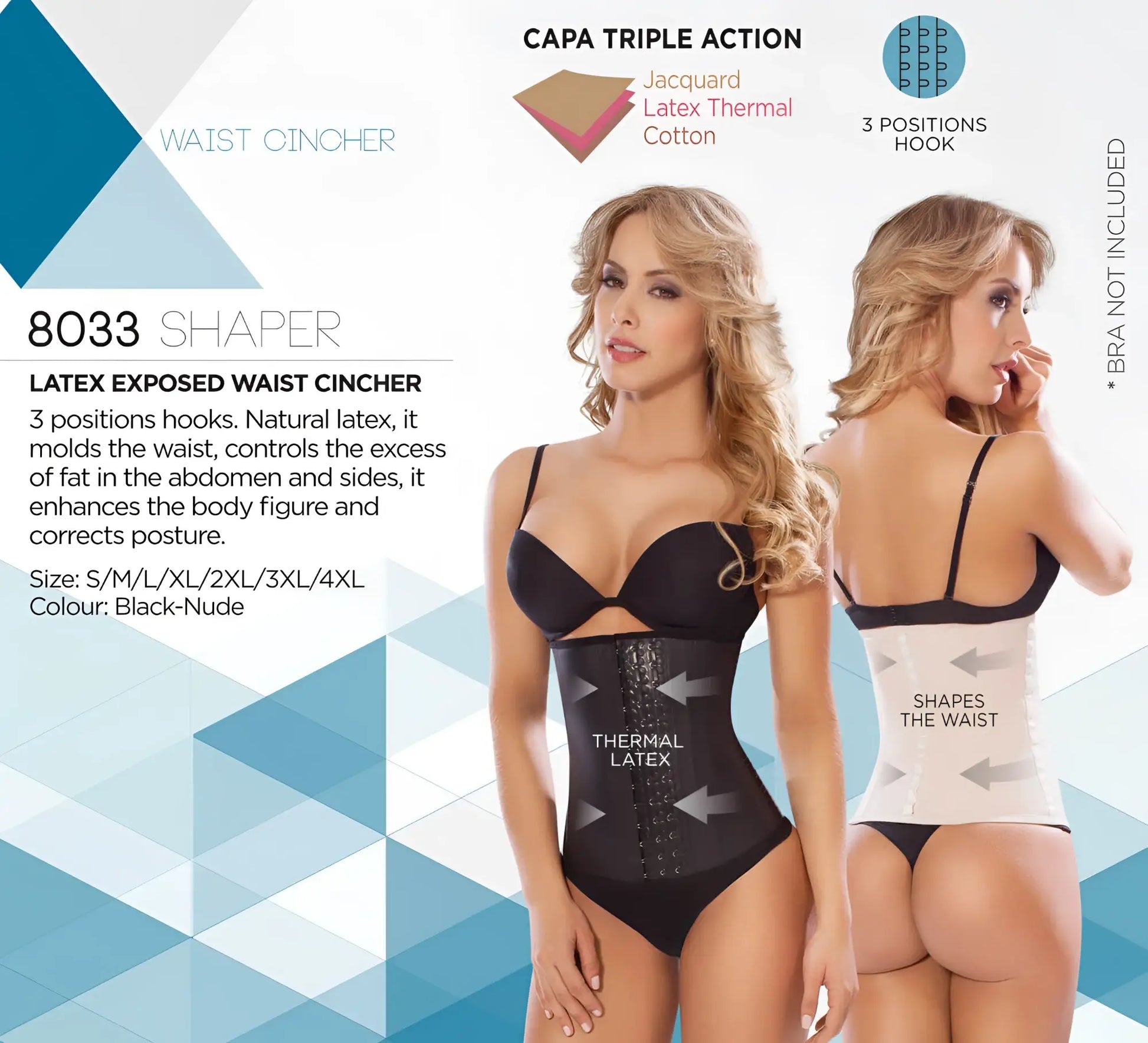 Black and nude moldeate 8033 workout waist cincher with thermal latex, jacquard cotton lining, and three-position hooks