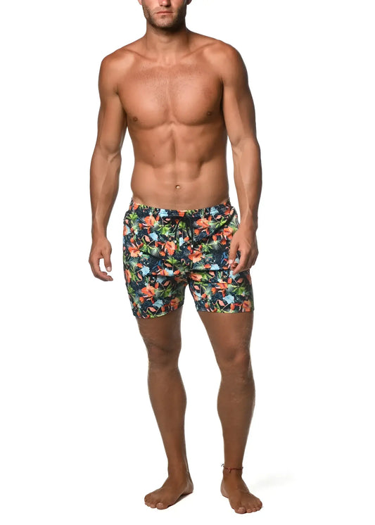 Men’s Moritz 6 inch inseam swim shorts with vibrant orange blue and green tropical floral print on dark navy base