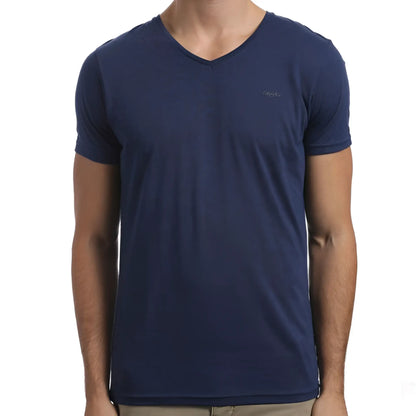 Navy blue v neck cotton t shirt with subtle textured fabric and small embroidered logo on left chest size s