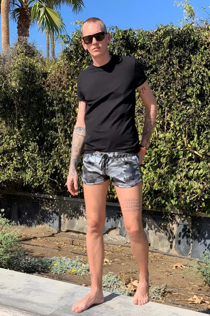 Mr riegillio mr mini shorts camo gray and black camouflage drawstring waistband casual lightweight shorts size m
