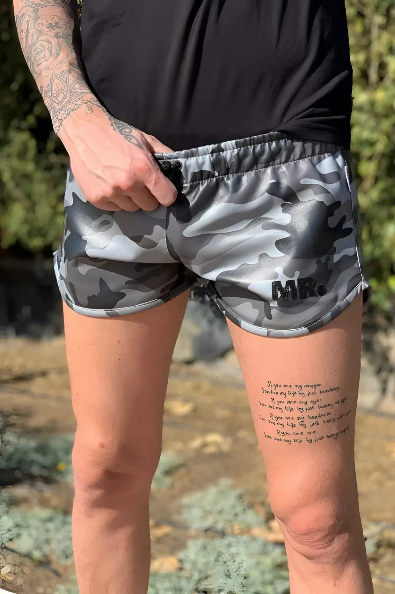 Mr Riegillio MR mini shorts camo gray and black camouflage with subtle sheen and mr logo on lower right leg size M