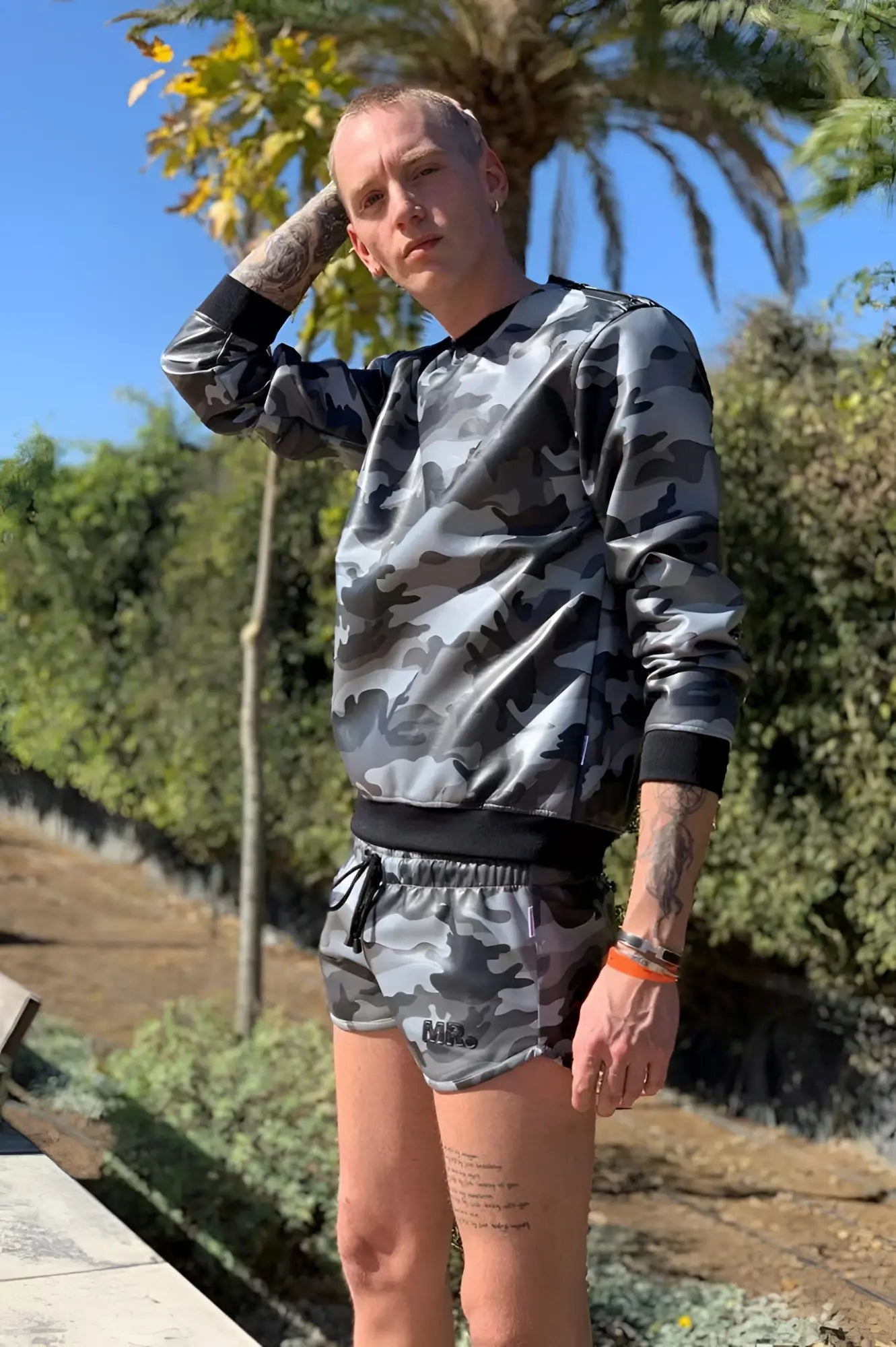 Gray camouflage sweatshirt with black ribbed cuffs and waistband from mr riegillio mr mini shorts camo size m