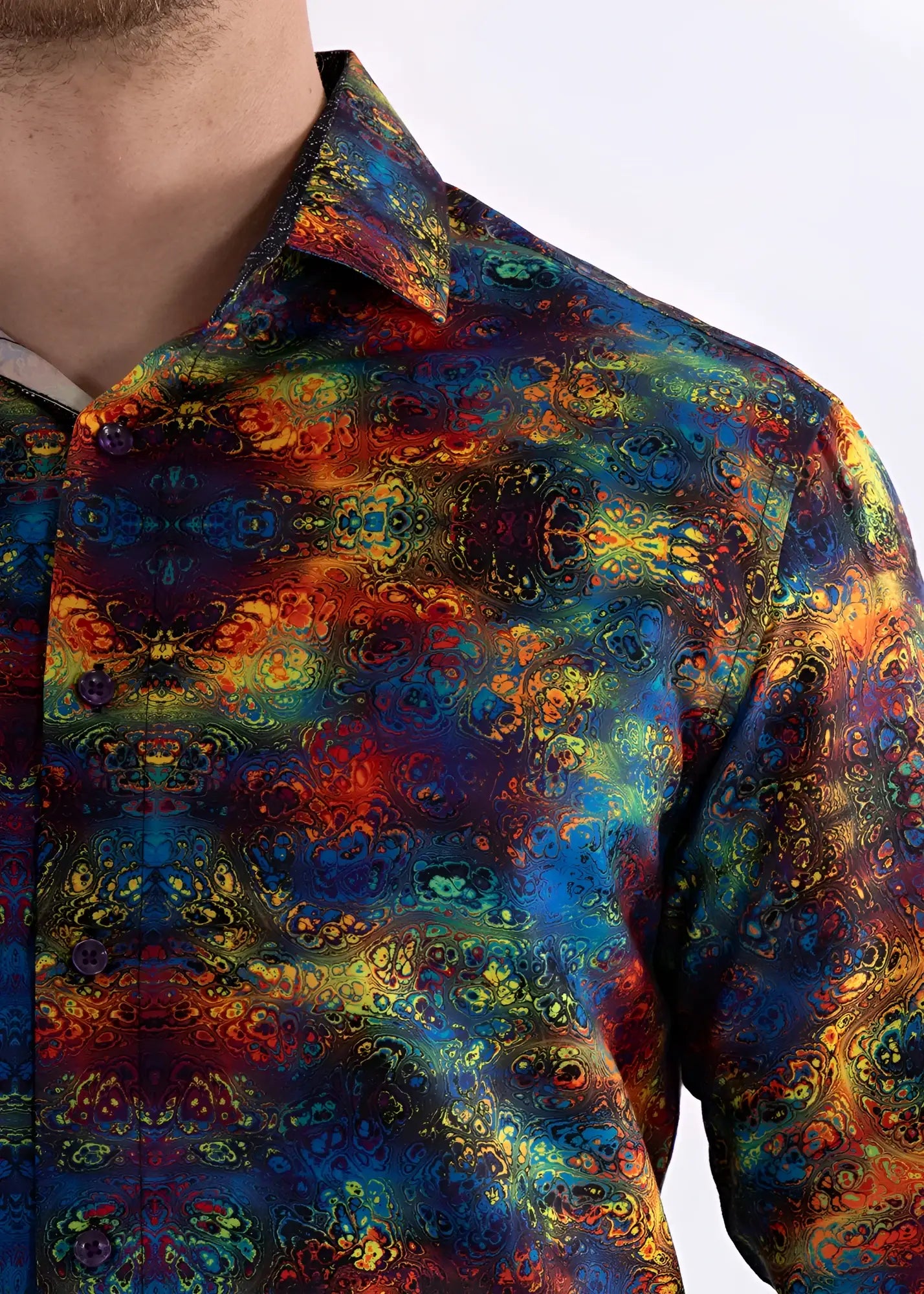 Multicolor patterned long sleeve button-down shirt with vibrant iridescent kaleidoscopic design in blues reds oranges and greens