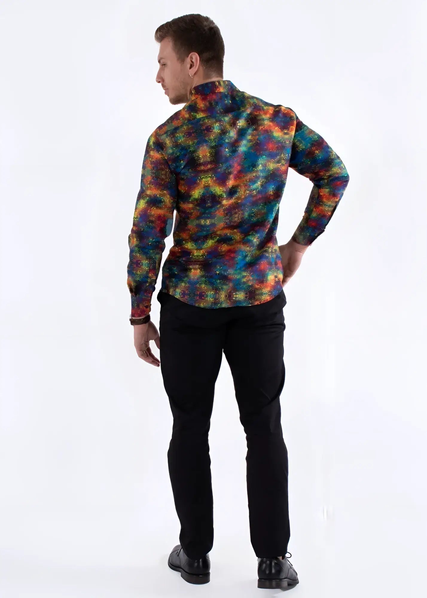 Vibrant multicolor patterned long-sleeved button-up shirt with psychedelic kaleidoscopic rainbow hues