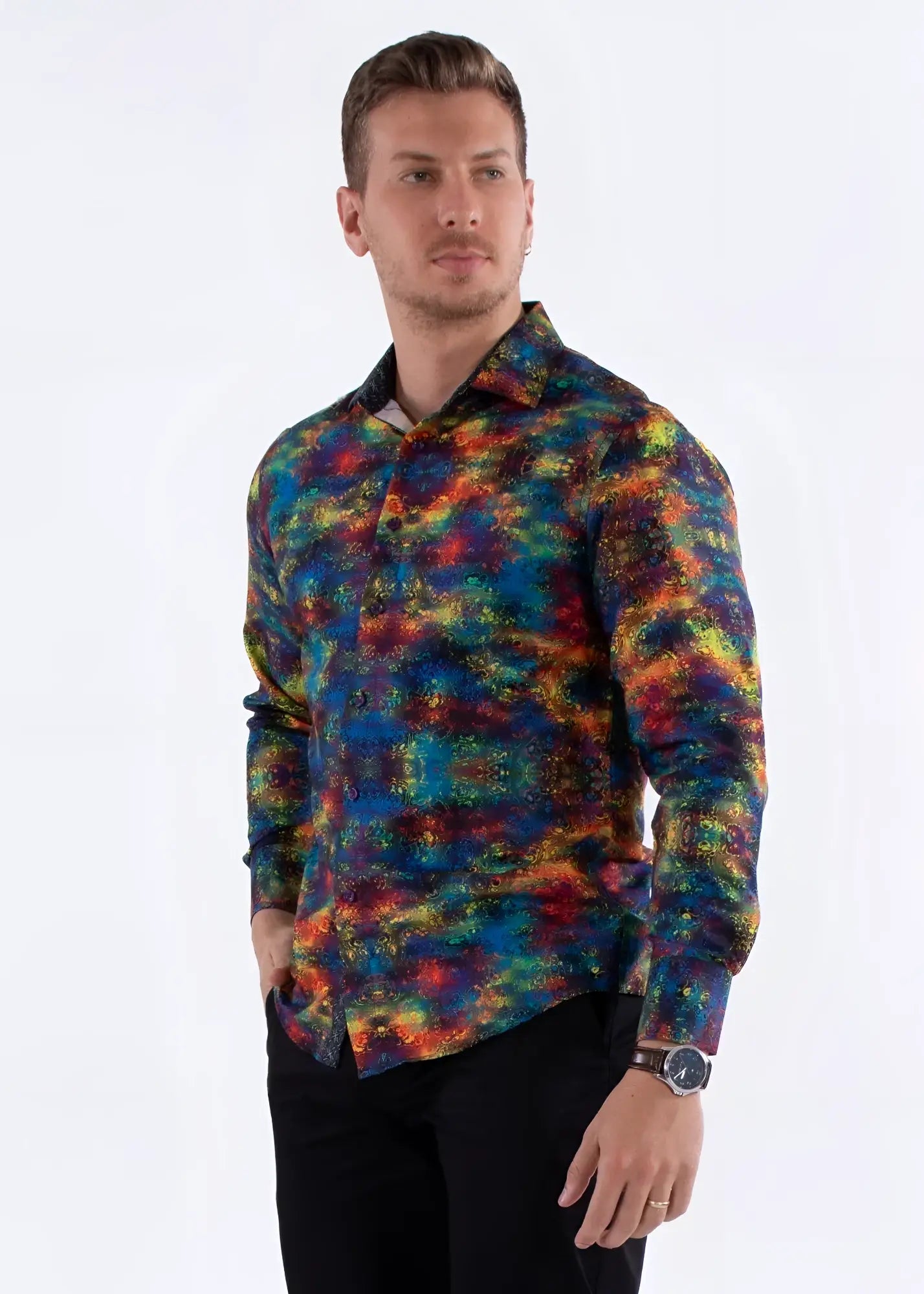 Multicolor patterned long-sleeved men’s button-down shirt with vibrant psychedelic tie-dye in blues reds yellows and greens