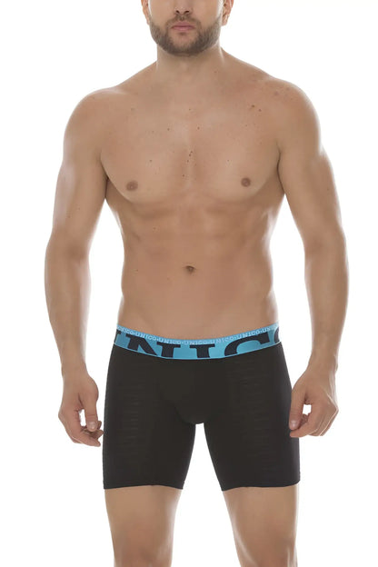 Black men’s mundo unico cup alboroto mid boxer briefs with light blue elastic waistband and antic branding size m