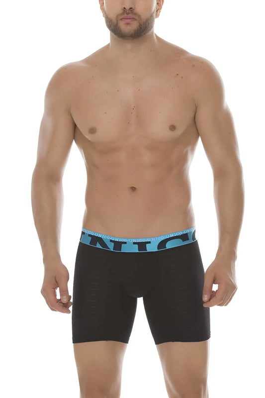 Black men’s mundo unico cup alboroto mid boxer briefs with light blue elastic waistband and antic branding size m