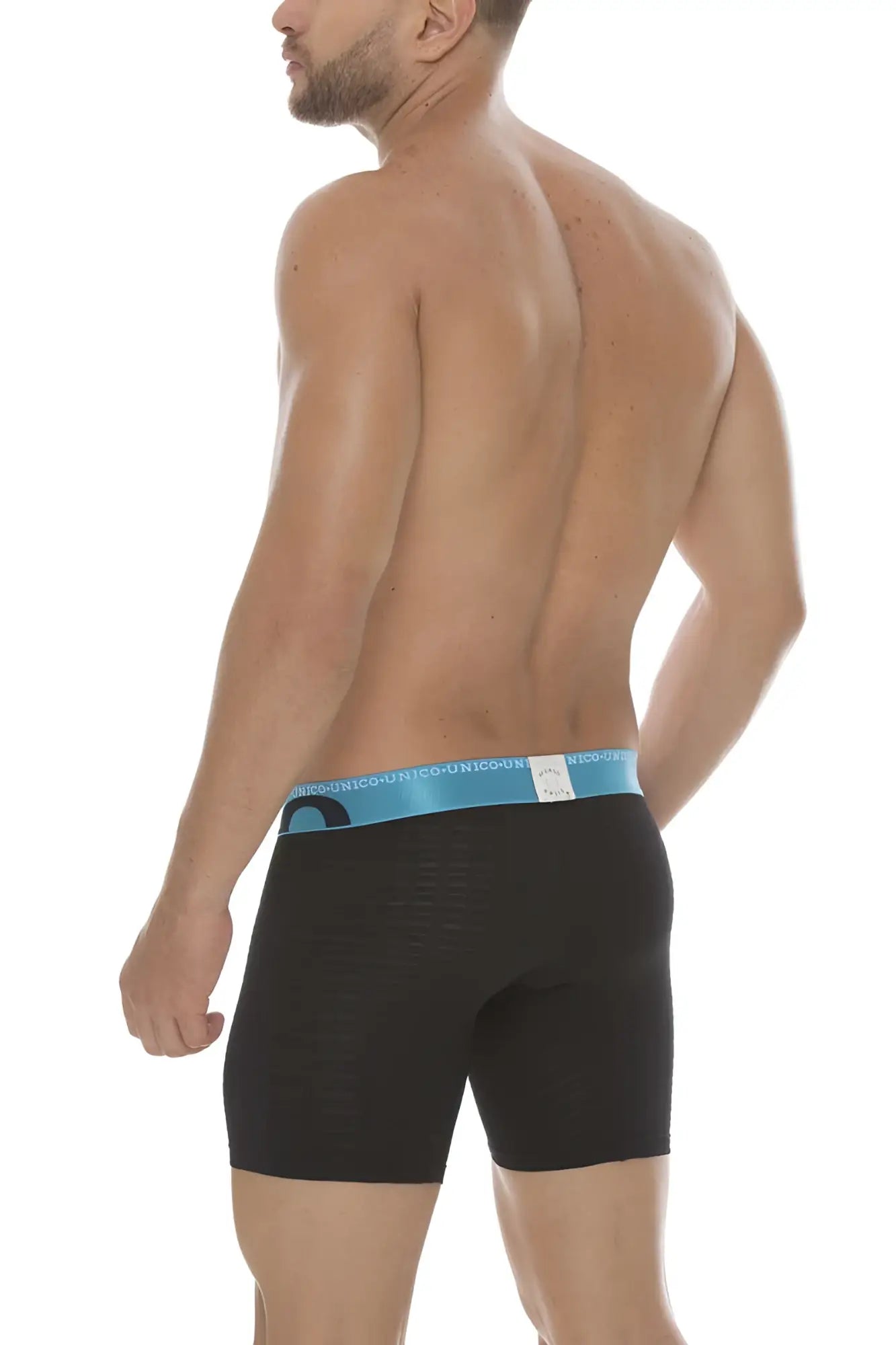 Black mundo unico cup alboroto mid boxer brief underwear with light blue elastic waistband and brand logo size m
