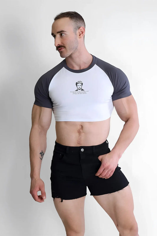 Muscle-fit crop tee by rebel bloom with two-tone raglan sleeves white body dark gray sleeves and small chest graphic