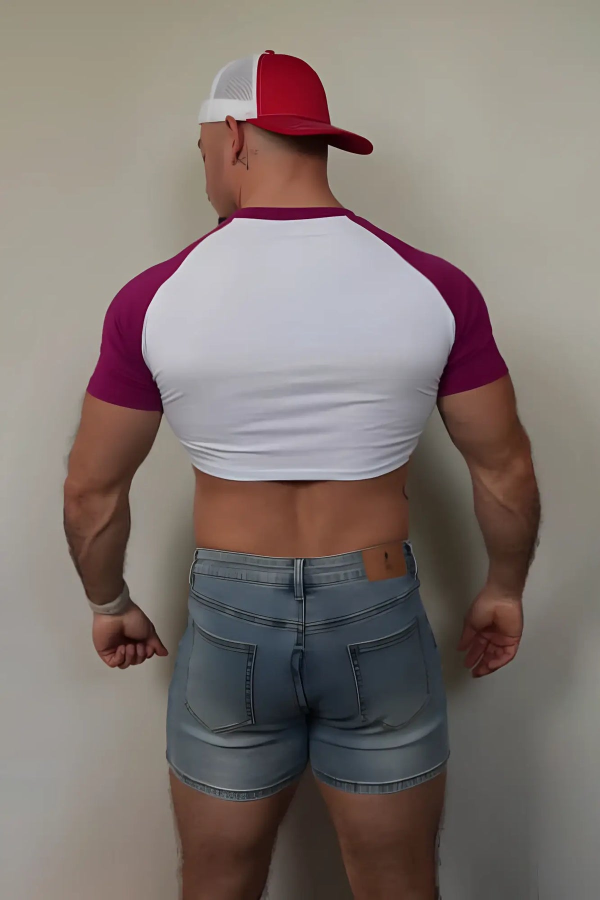 A man wearing a muscle-fit crop tee with magenta raglan sleeves and white body paired with light-wash denim shorts