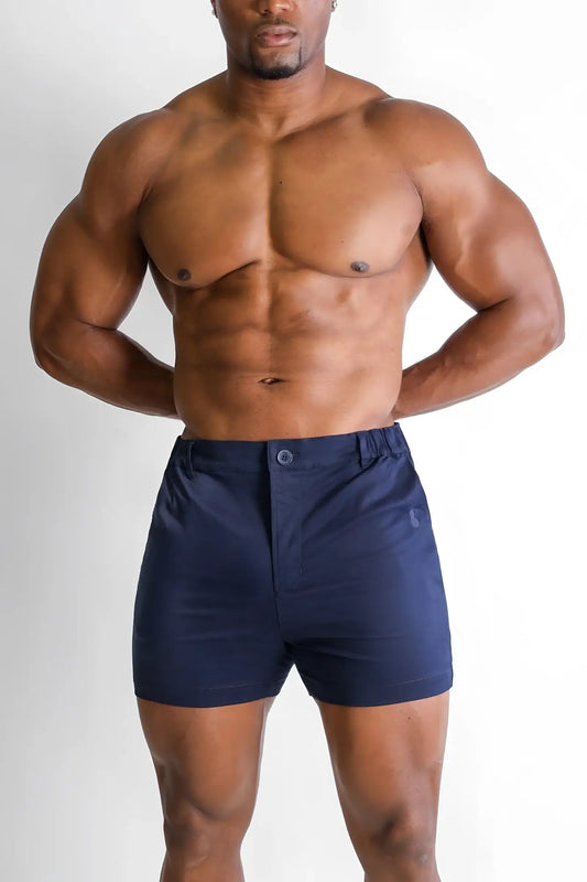 Muscle-fit menâ€™s navy chino shorts with stretchy fabric button closure and subtle side pocket detailing