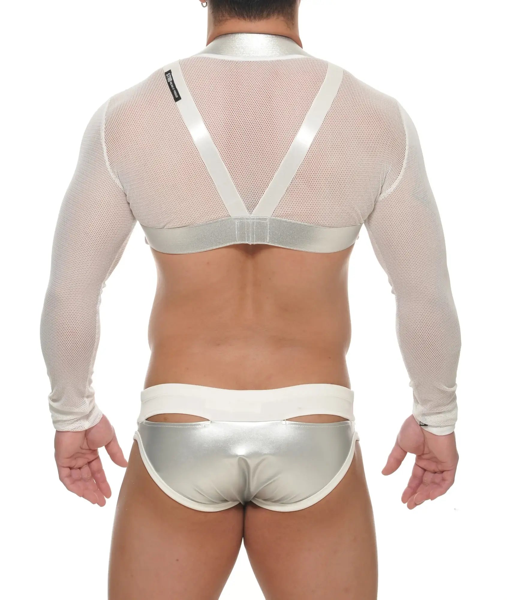 Silver metallic mesh long-sleeve najar 2 in 1 crop top harness with white satin straps and matching silver briefs