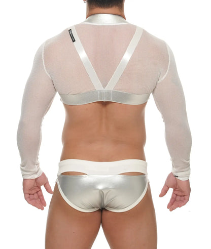 Silver metallic mesh long-sleeve najar 2 in 1 crop top harness with white satin straps and matching silver briefs