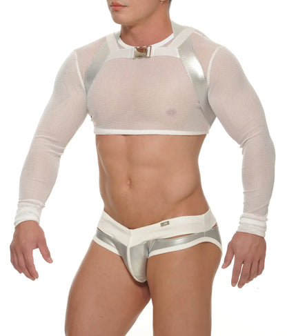 White mesh long-sleeved crop top with silver metallic shoulder straps and matching silver buckle at the neckline