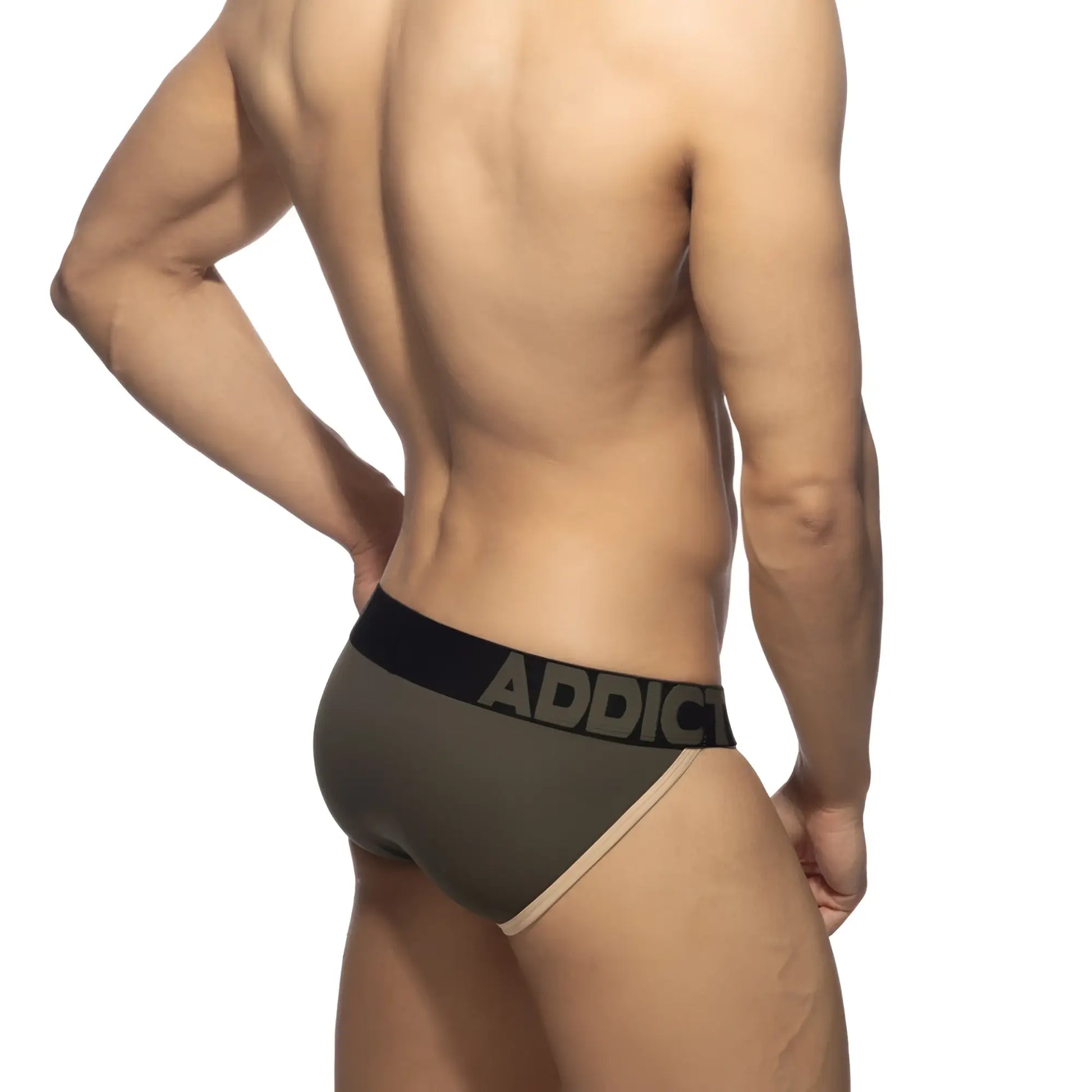 Olive green naked feeling bikini brief with black waistband featuring bold gray addict lettering