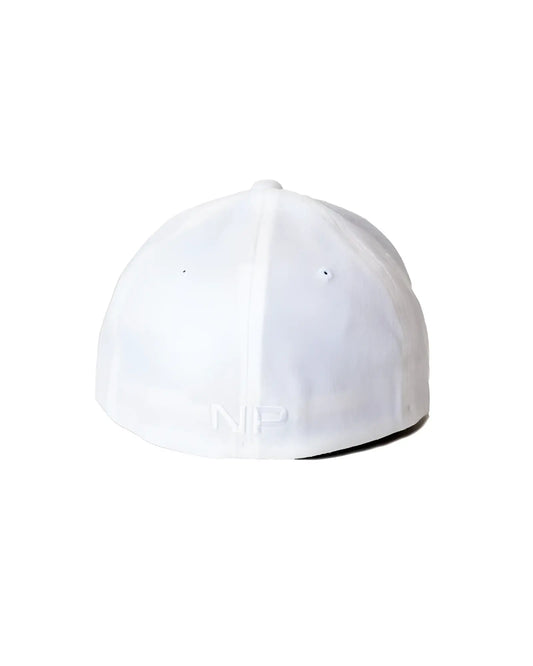 White nasty pig snout cap hat size s m showing back with subtle embroidered np logo on white baseball cap