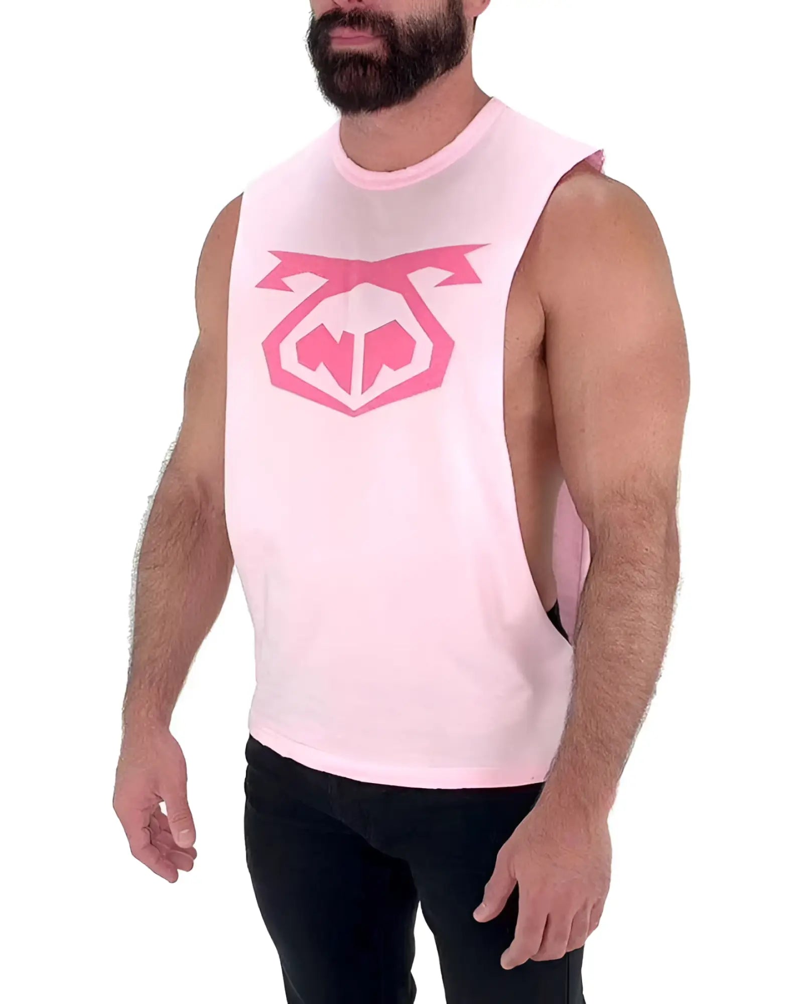 Pink sleeveless muscle tank top with bold pink geometric logo on chest by nasty pig size large