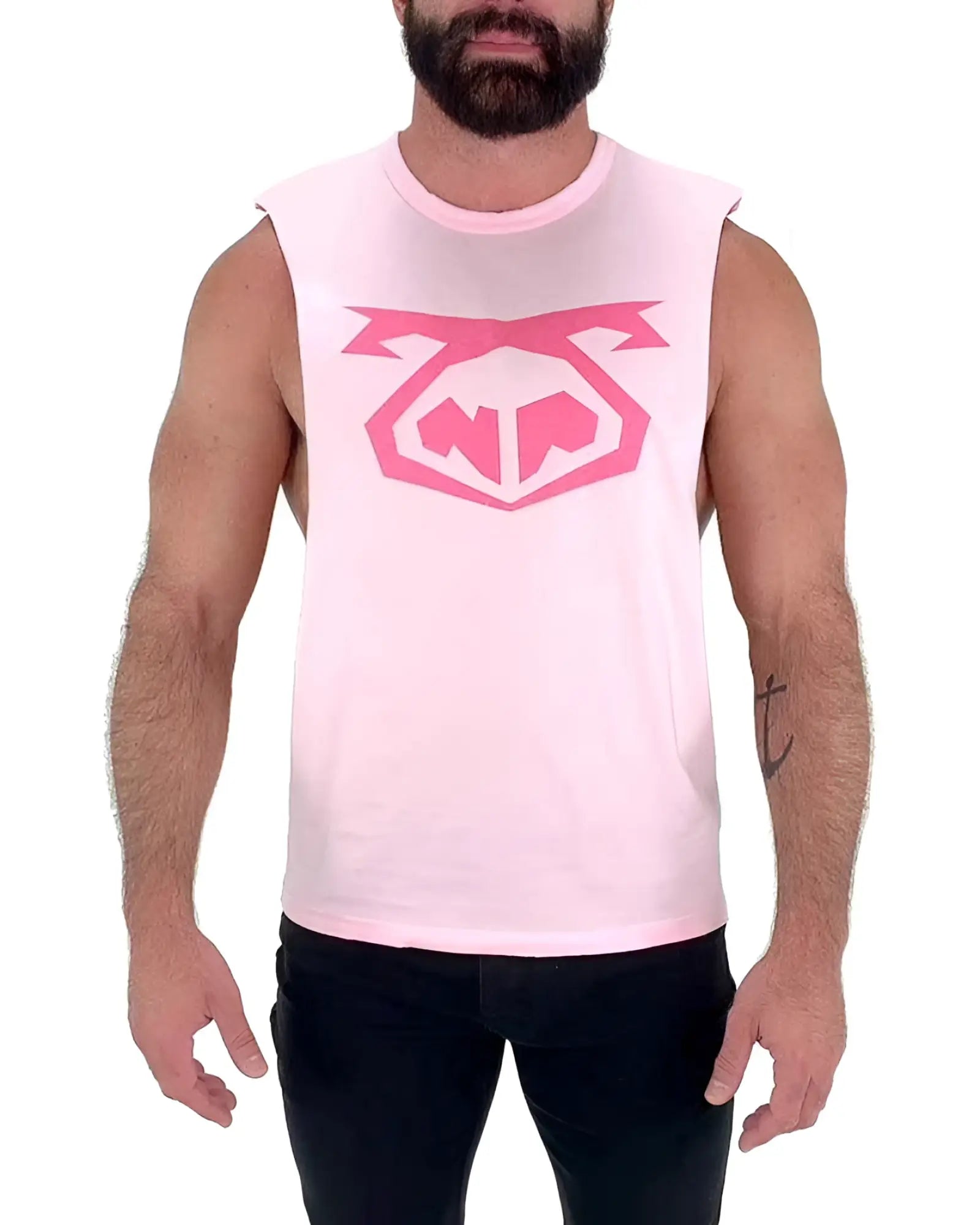 Pink sleeveless muscle tank top with bold geometric pink logo on chest nasty pig snout shredder size l