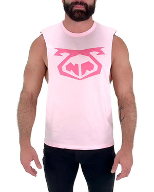 Pink sleeveless muscle tank top with bold geometric pink logo on chest nasty pig snout shredder size l